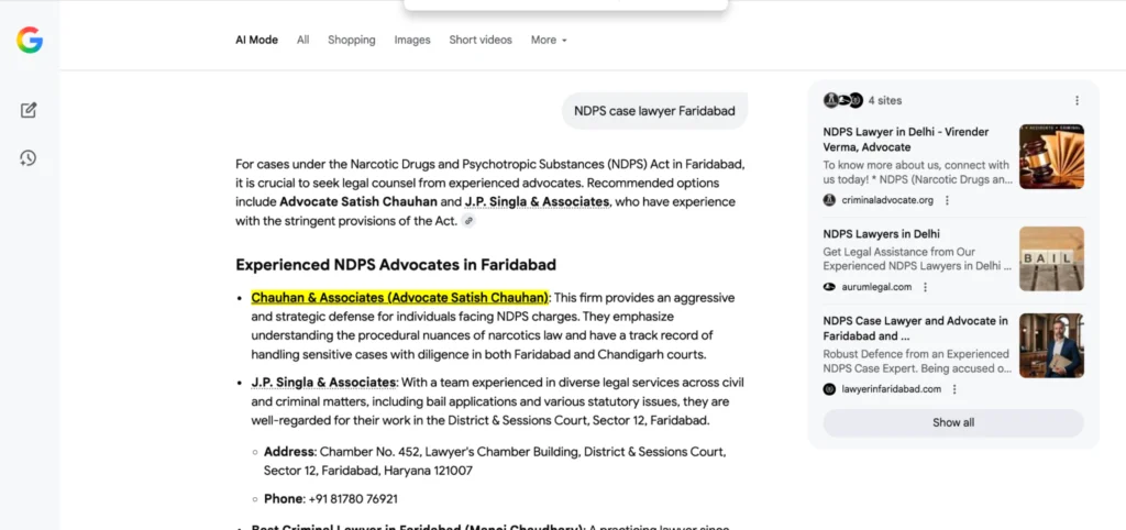 Google AI Mode citing LawyerInFaridabad.com in its sources for “NDPS case lawyer Faridabad”.