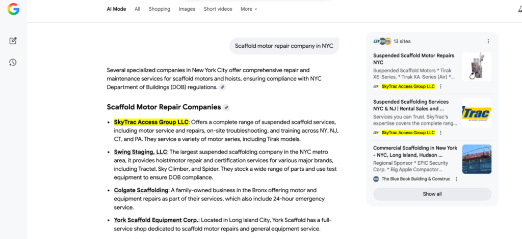 Google AI Mode listing SkyTrac Access Group among its cited suppliers for scaffold motor repair in NYC.