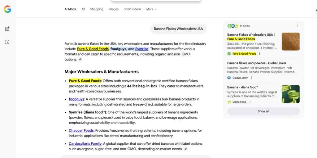Google AI Mode citing Pure & Good Foods first among major banana-flake wholesalers in the USA.