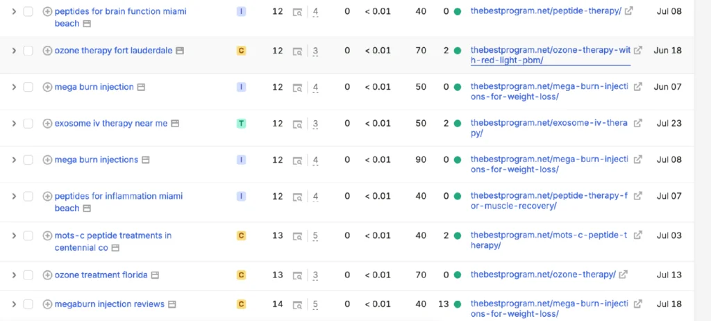 Rank-tracker view — thebestprogram.net ranking on page one across ozone, chelation, peptide and megaburn treatment keywords in Florida markets.
